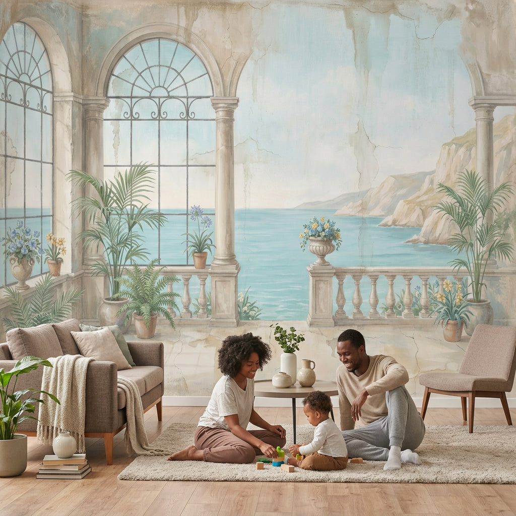 Coastal Terrace Wallpaper Mediterranean Villa Arched Columns Wall Mural