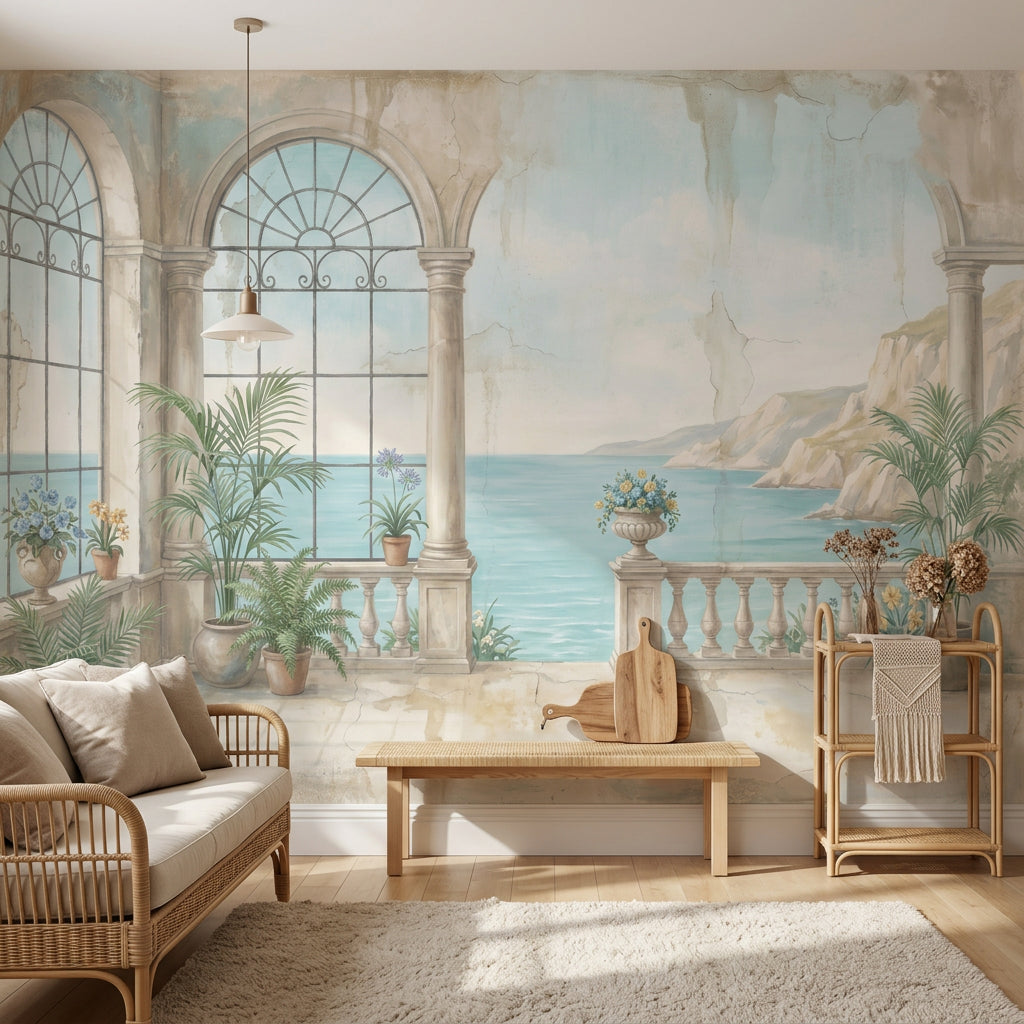 Coastal Terrace Wallpaper Mediterranean Villa Arched Columns Wall Mural