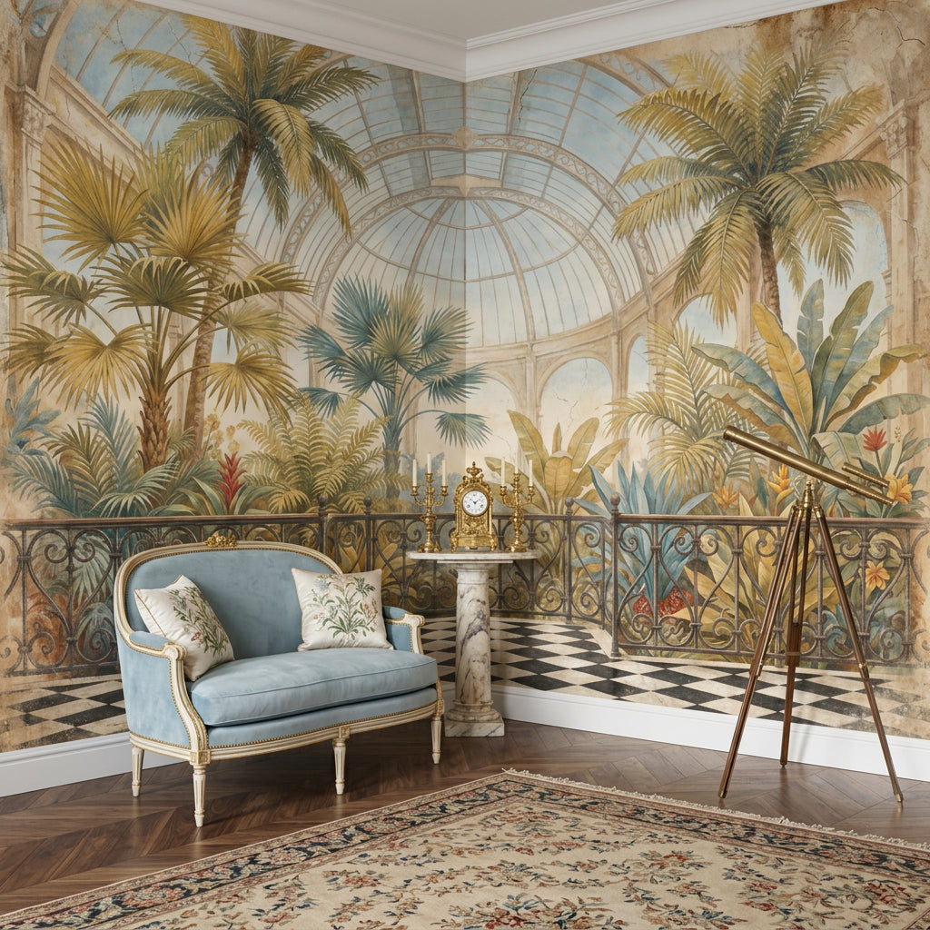 Tropical Conservatory Wallpaper Palm Trees Removable Glass Dome Greenhouse Wall Decor