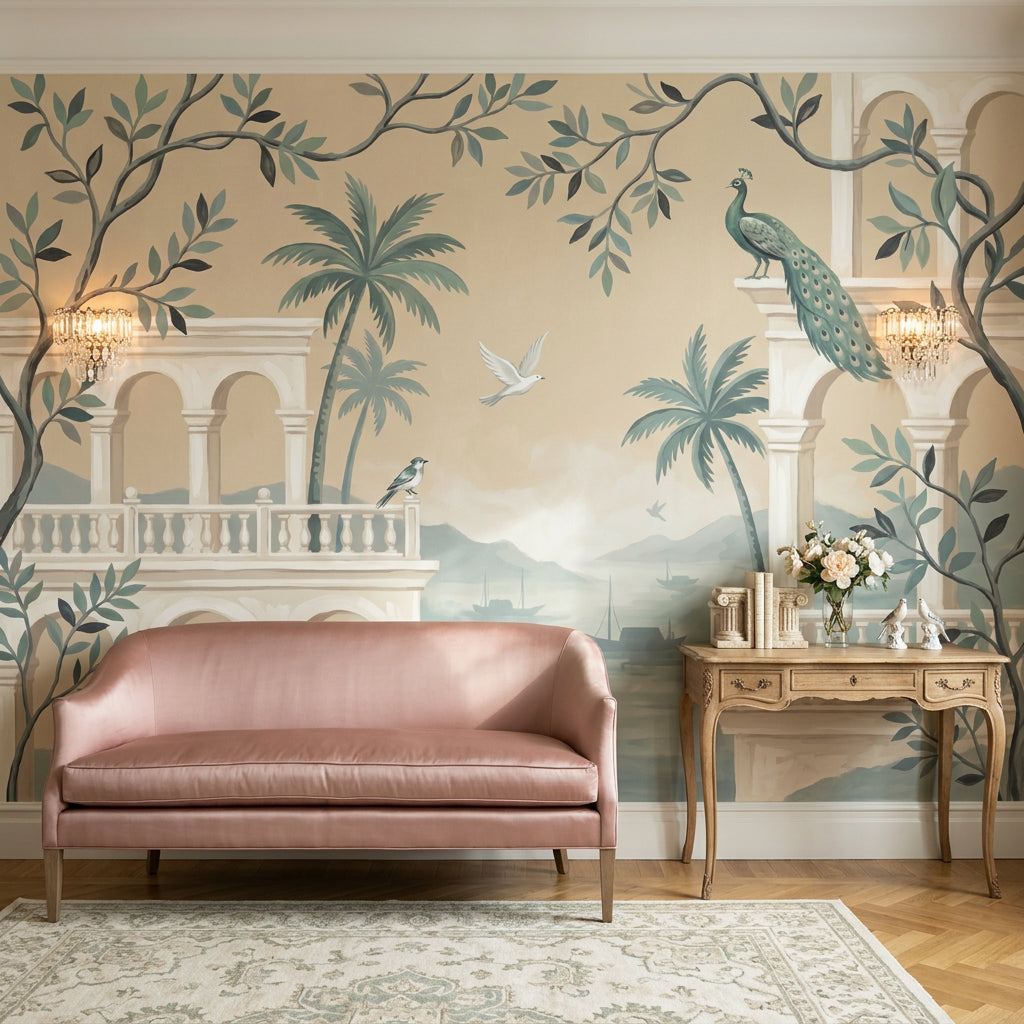 Arched Colonnade Wallpaper Mediterranean Coastal Landscape Wall Mural