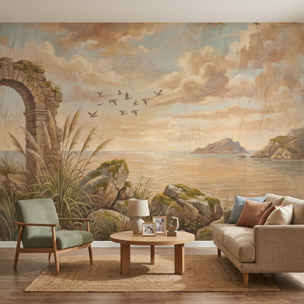 Coastal Landscape Wallpaper Stone Arch Ruin Vintage Fresco Wall Mural