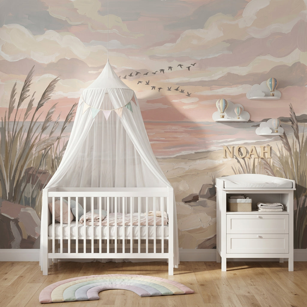 Coastal Landscape Wallpaper Beach Dunes Pastel Sunset Sky Removable Wall Decor