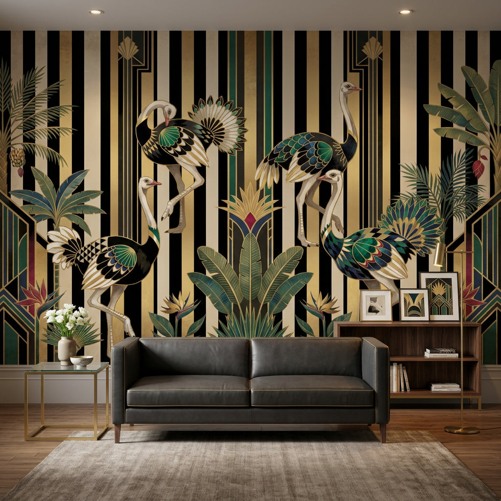 Dark Art Deco Wallpaper Striped Background Removable Geometric Fan Motifs Wall Decor