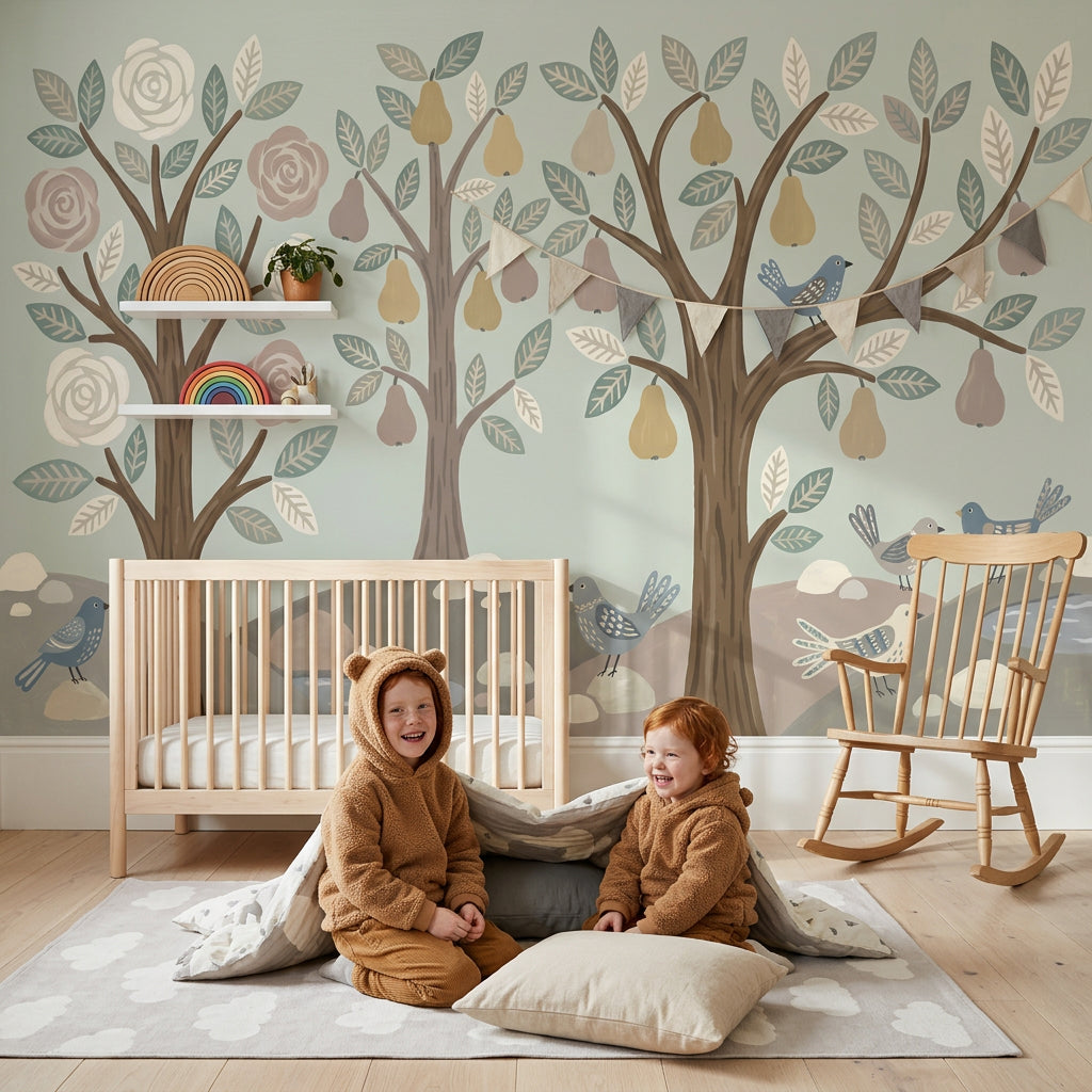 Whimsical Woodland Wallpaper Stylized Trees Hand Painted Wall Mural