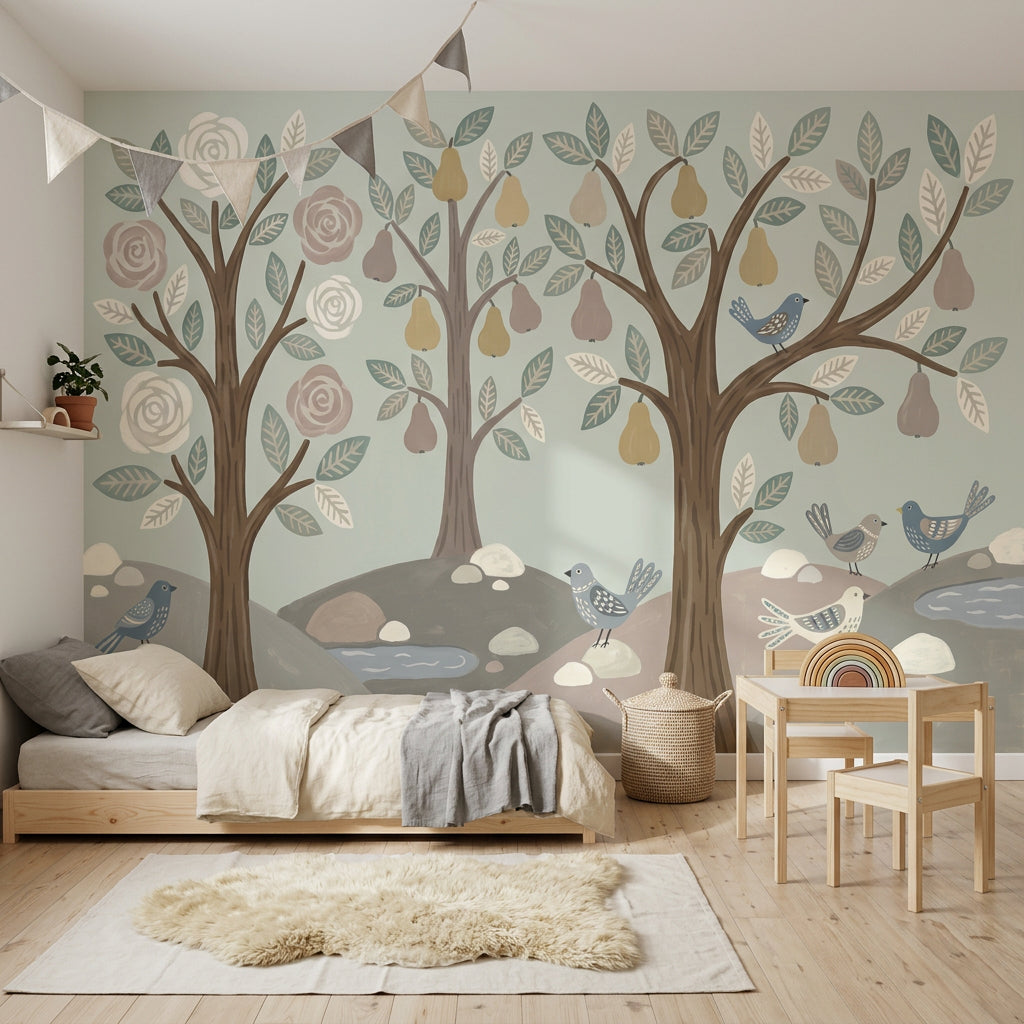Whimsical Woodland Wallpaper Stylized Trees Hand Painted Wall Mural