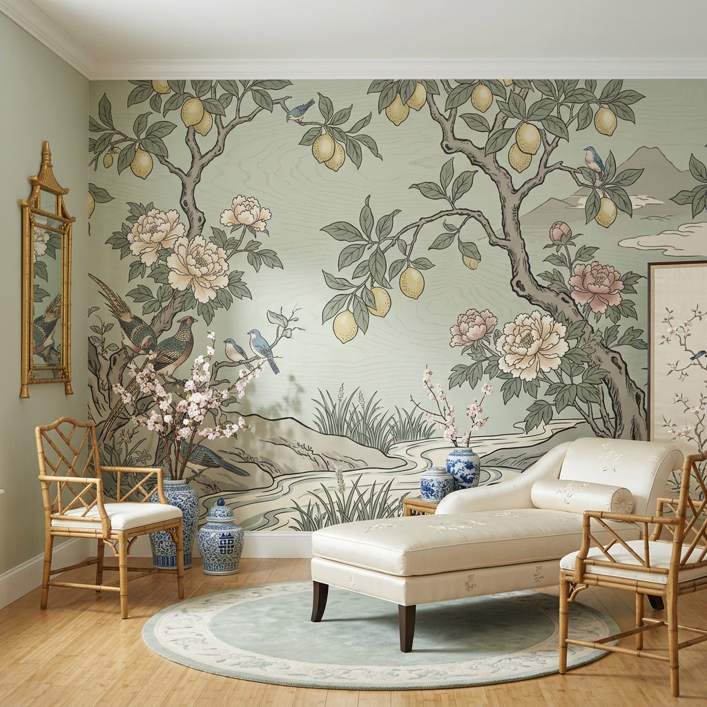 Muted Green Wallpaper Botanical Chinoiserie Removable Wall Decor