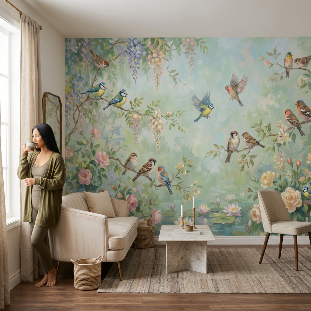 Wisteria Wallpaper Birds Removable Floral Garden Wall Decor