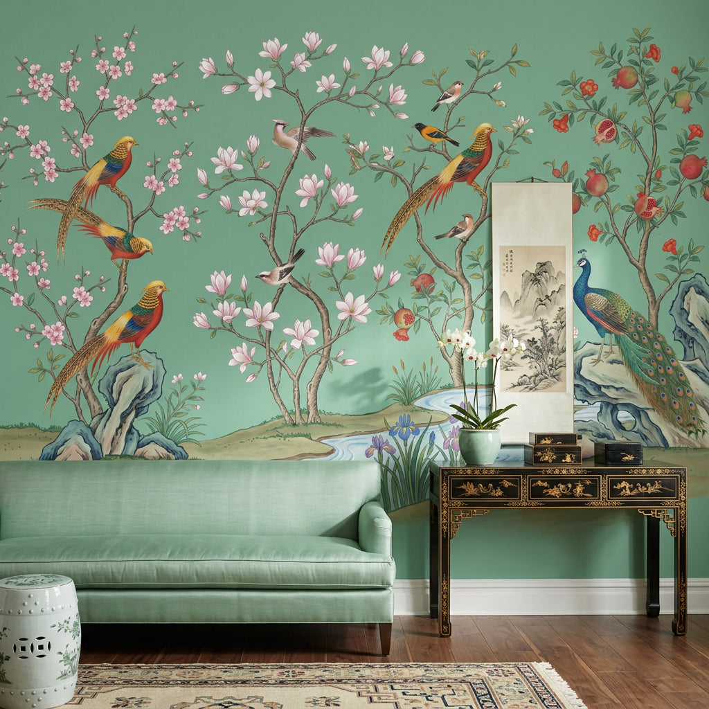 Pink Cherry Wallpaper Muted Green Chinoiserie Wall Mural