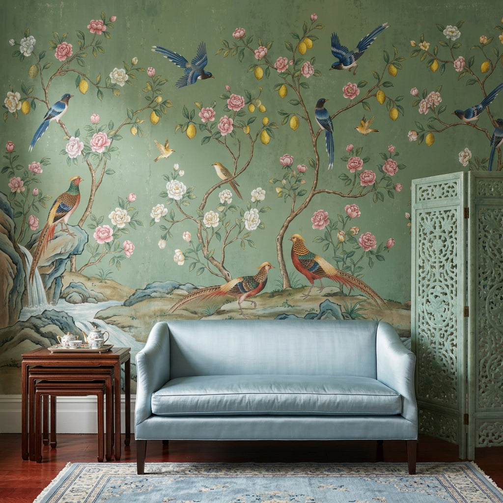 Chinoiserie Wallpaper Lemon Tree Removable Birds Wall Decor