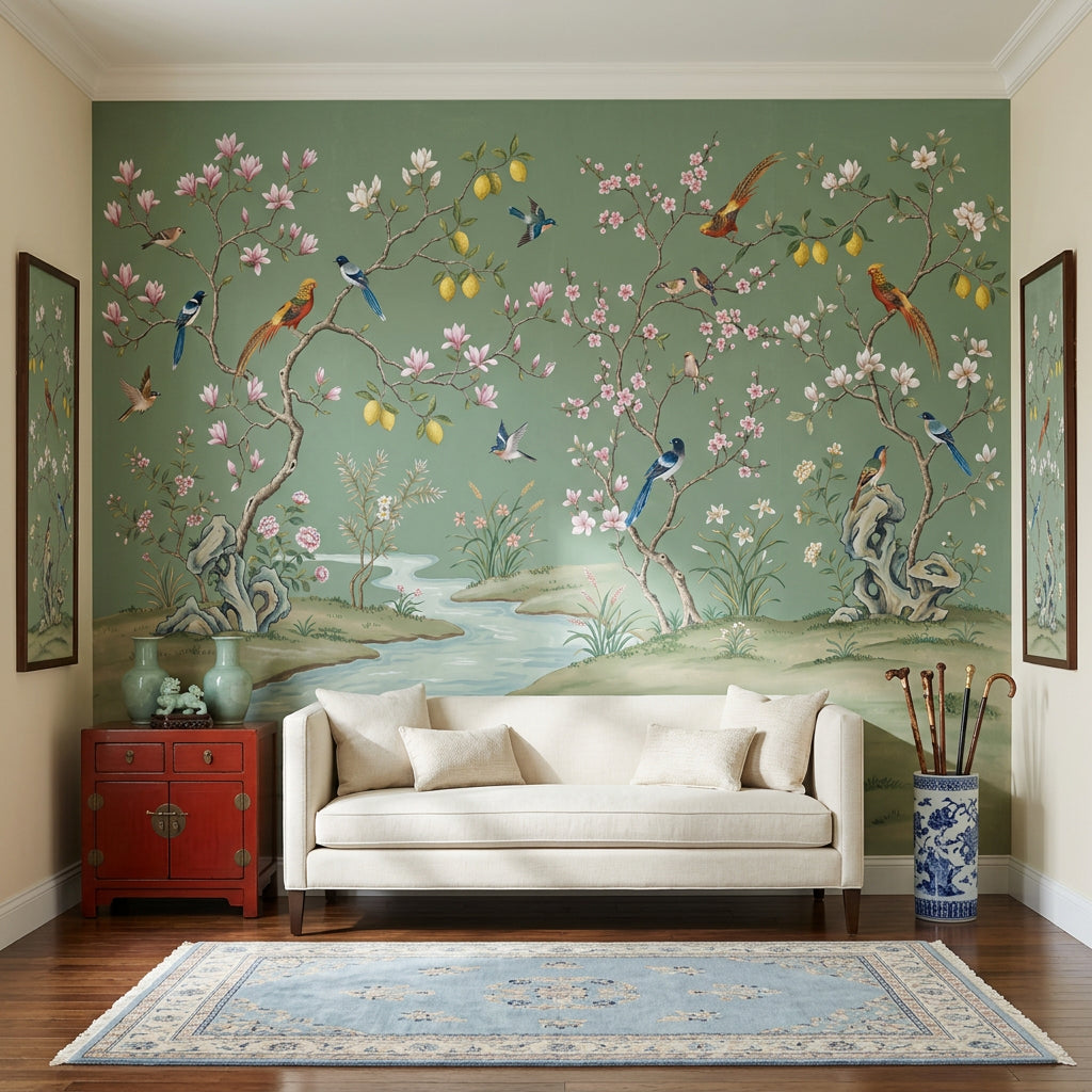 Chinoiserie Wallpaper Sage Green Removable Hand Painted Mural Wall Decor