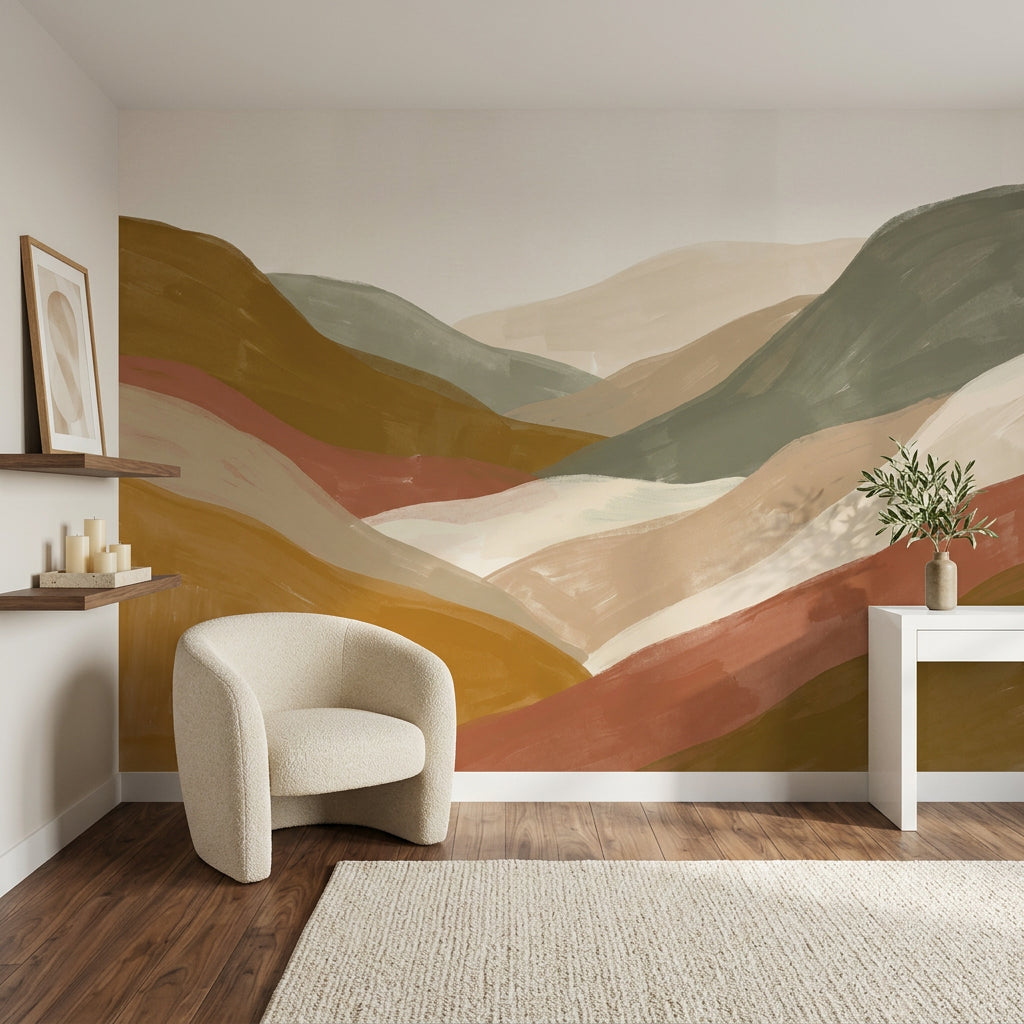 Abstract Landscape Wallpaper Layered Hills Earth Tones Removable Wall Decor