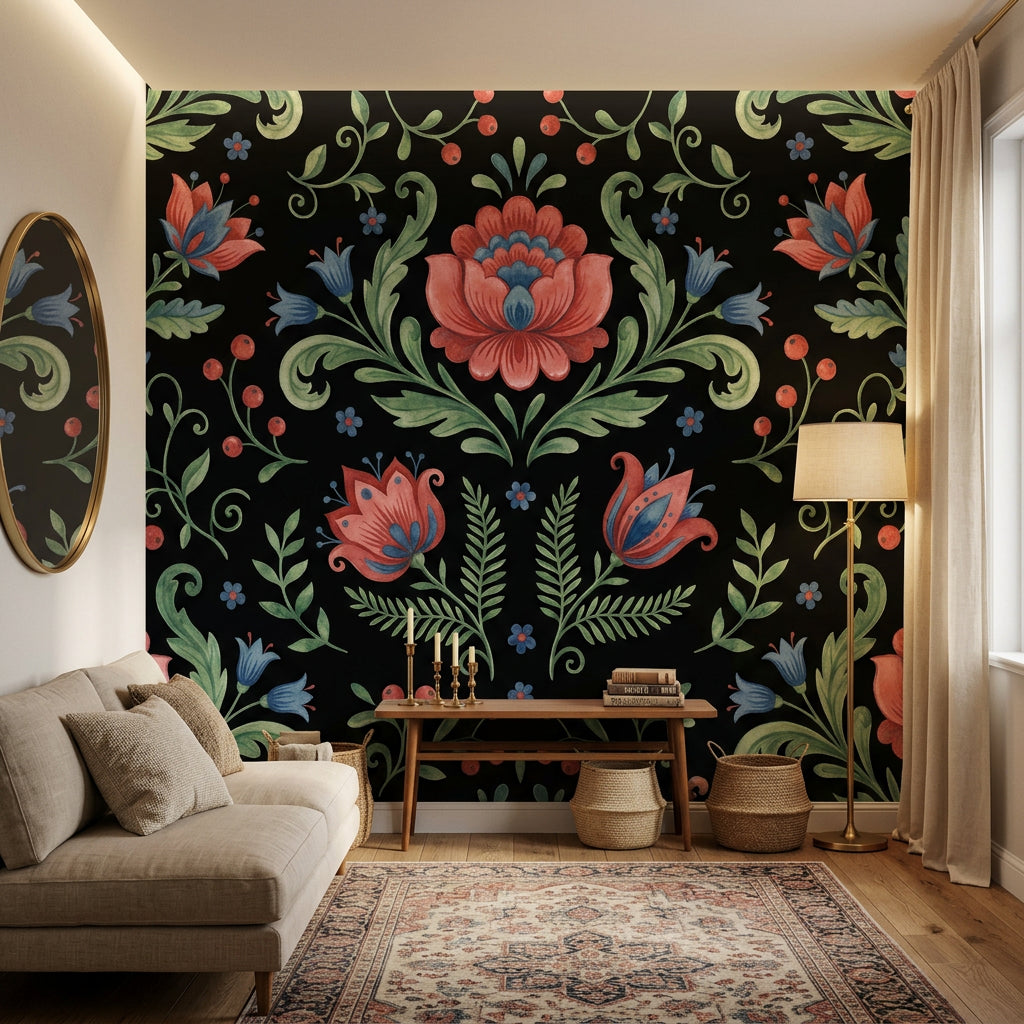 Dark Black Background Wallpaper Folk Floral Symmetrical Damask Wall Mural