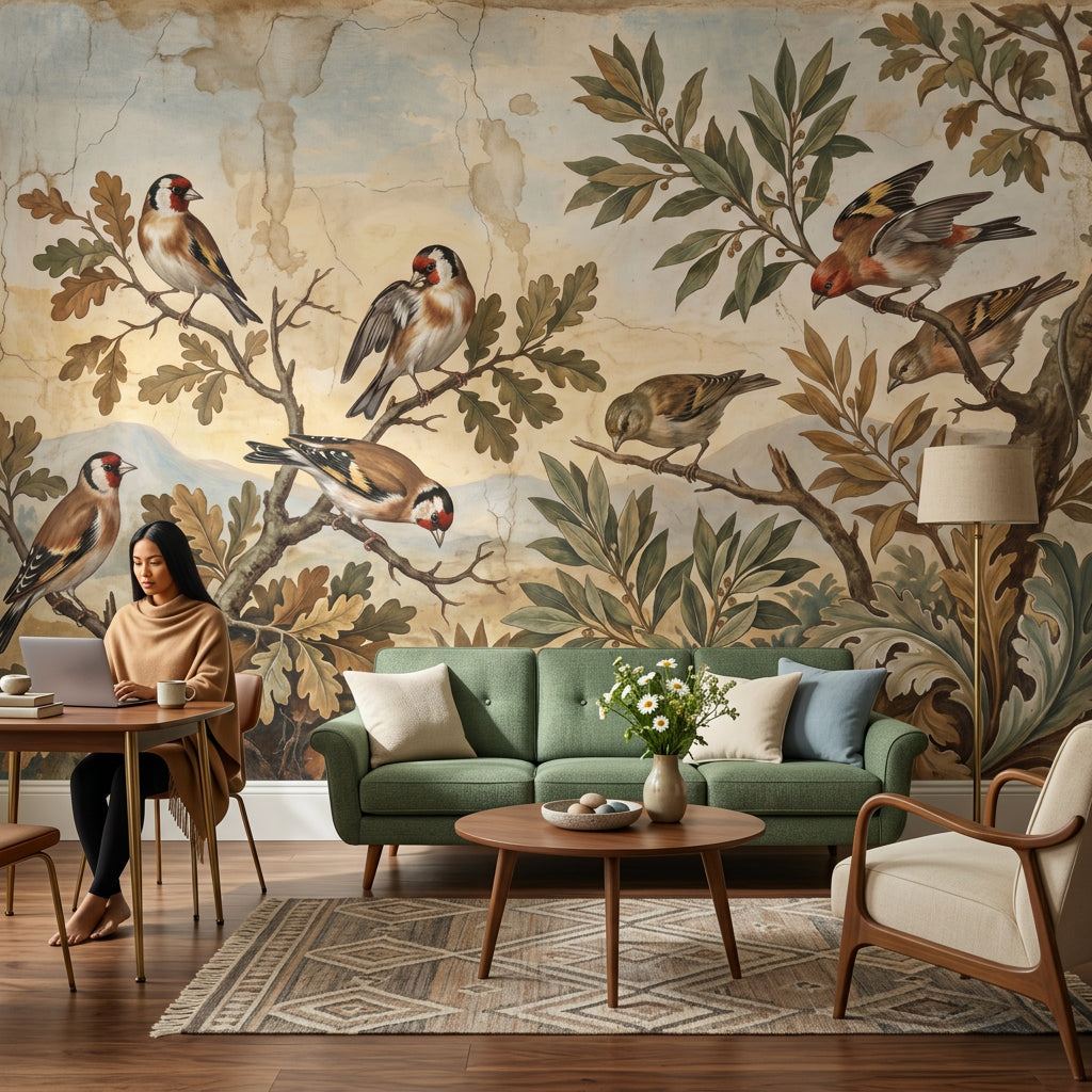 Vintage Fresco Wallpaper Birds On Branches Botanical Foliage Wall Mural