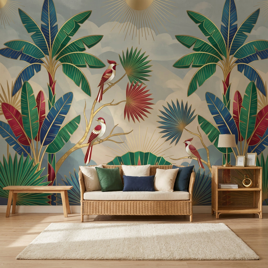 Art Deco Wallpaper Tropical Removable Palm Leaves Wall Decor