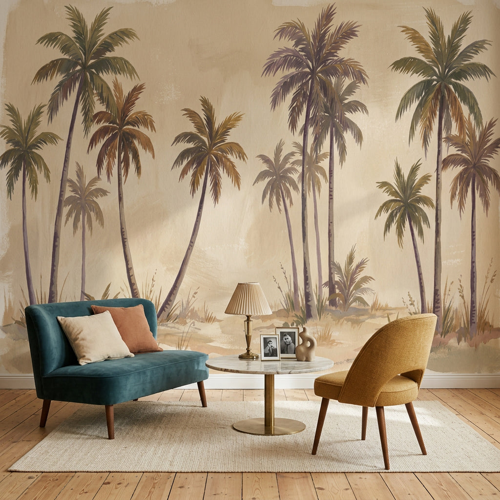 Tropical Palms Wallpaper Coastal Landscape Watercolor Wash Wall Mural