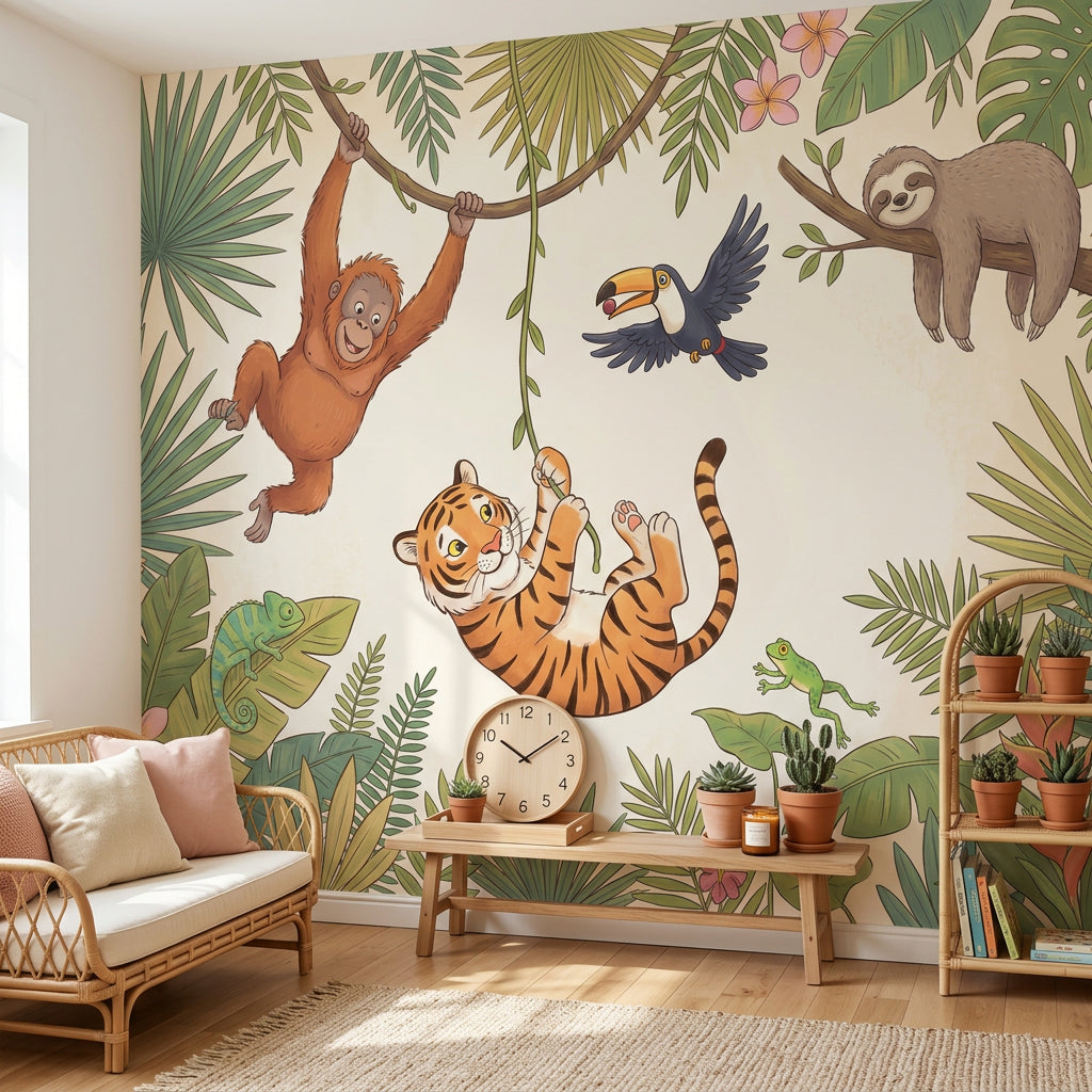 Tropical Jungle Wallpaper Green Foliage Cartoon Animals Removable Wall Decor