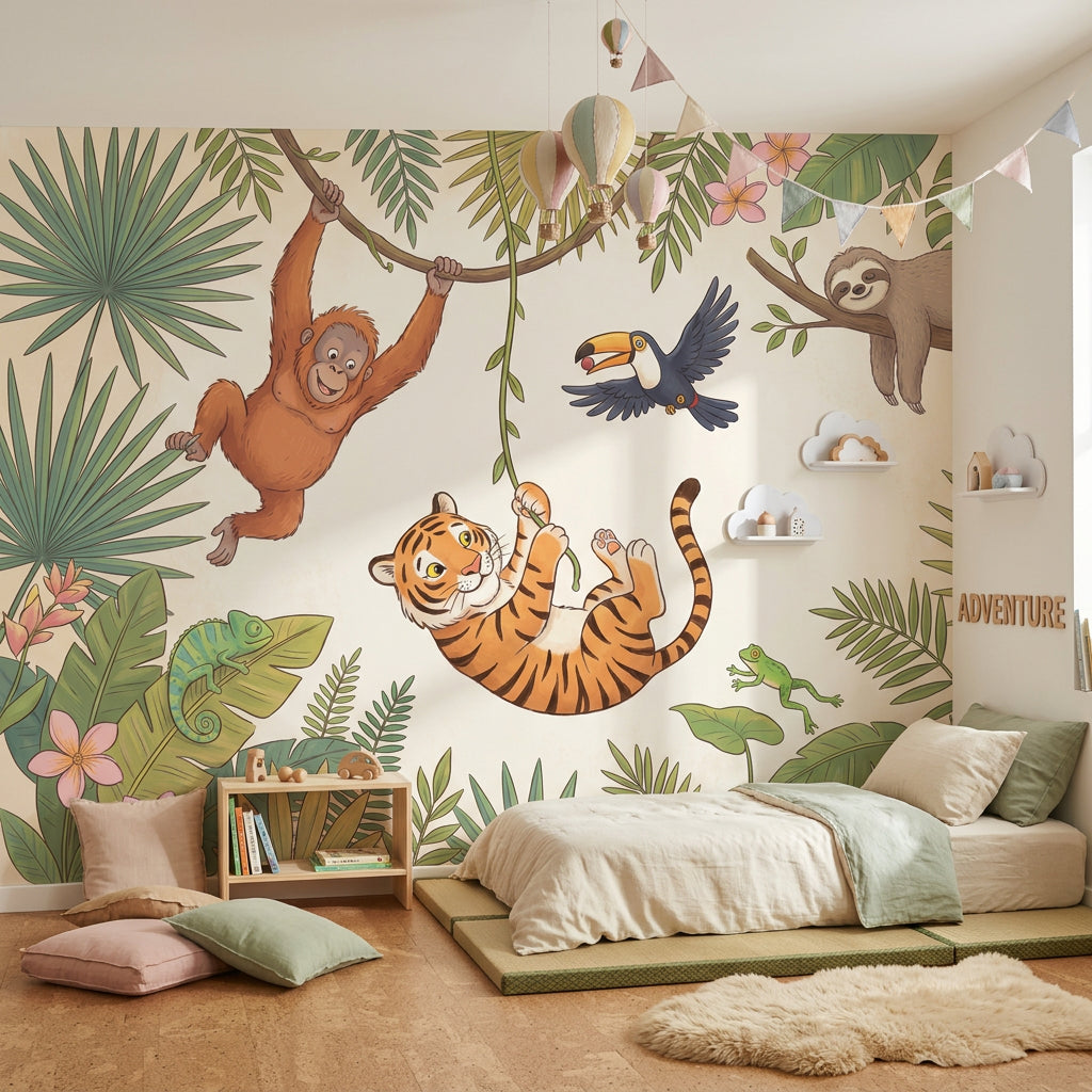 Tropical Jungle Wallpaper Green Foliage Cartoon Animals Removable Wall Decor
