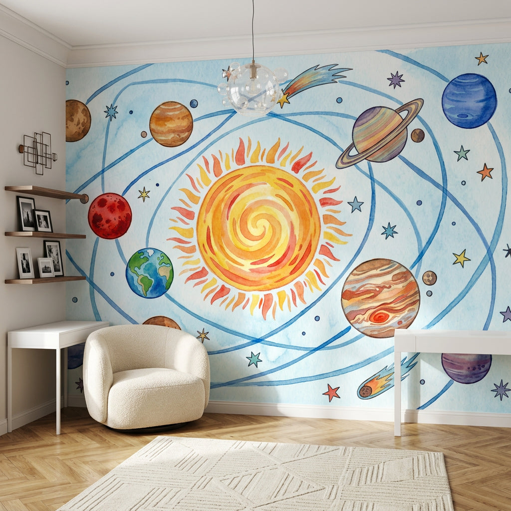 Solar System Wallpaper Planets Watercolor Removable Wall Decor
