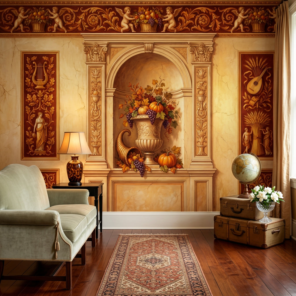 Classical Fresco Wallpaper Roman Niche Harvest Still Life Removable Wall Decor