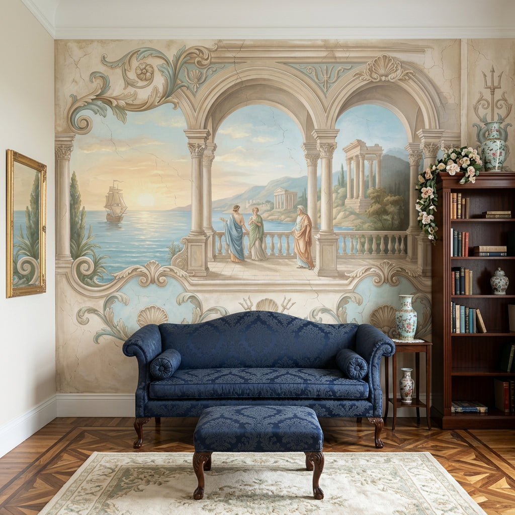 Classical Landscape Mural Wallpaper Mediterranean Coast Roman Arches And Columns Wall Mural