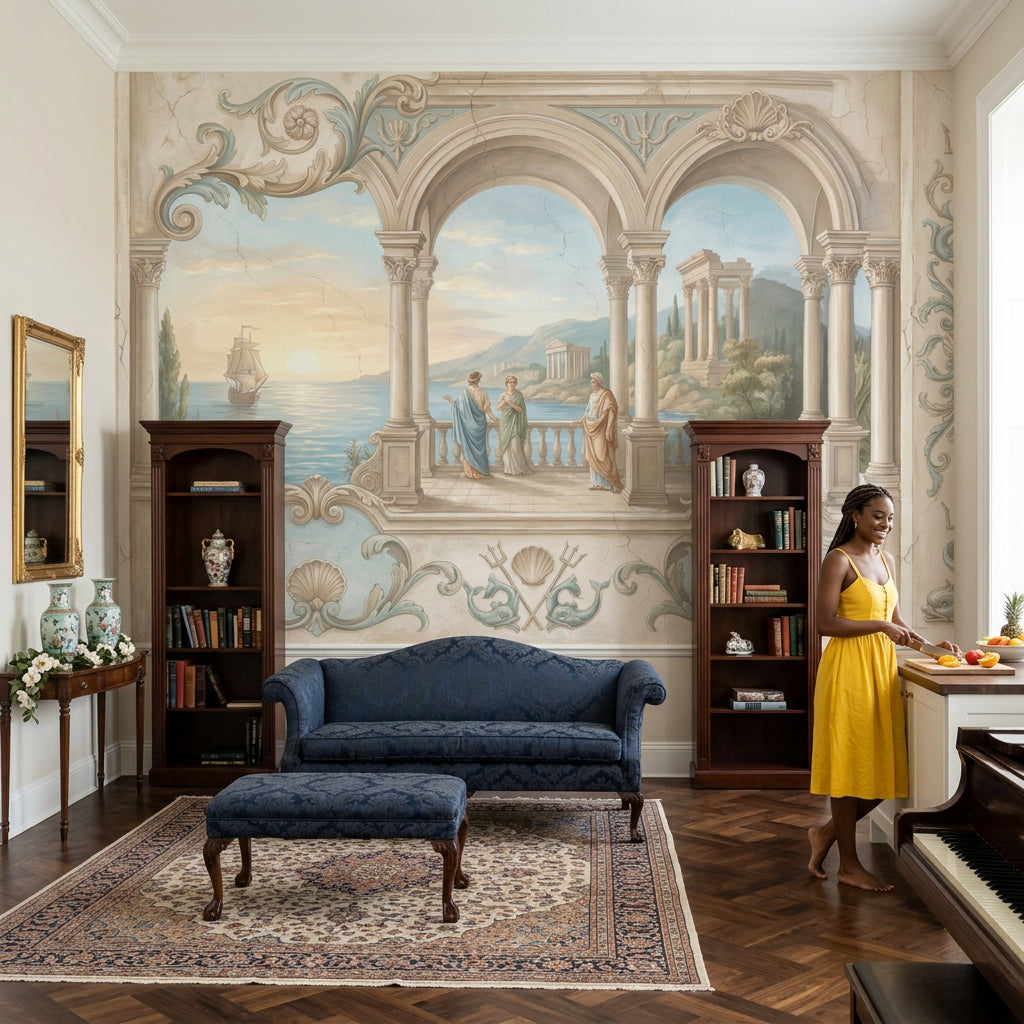 Classical Landscape Mural Wallpaper Mediterranean Coast Roman Arches And Columns Wall Mural