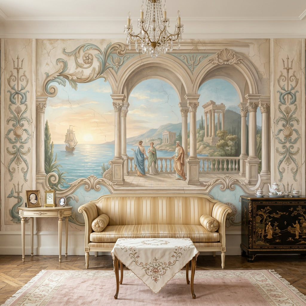 Classical Landscape Mural Wallpaper Mediterranean Coast Roman Arches And Columns Wall Mural
