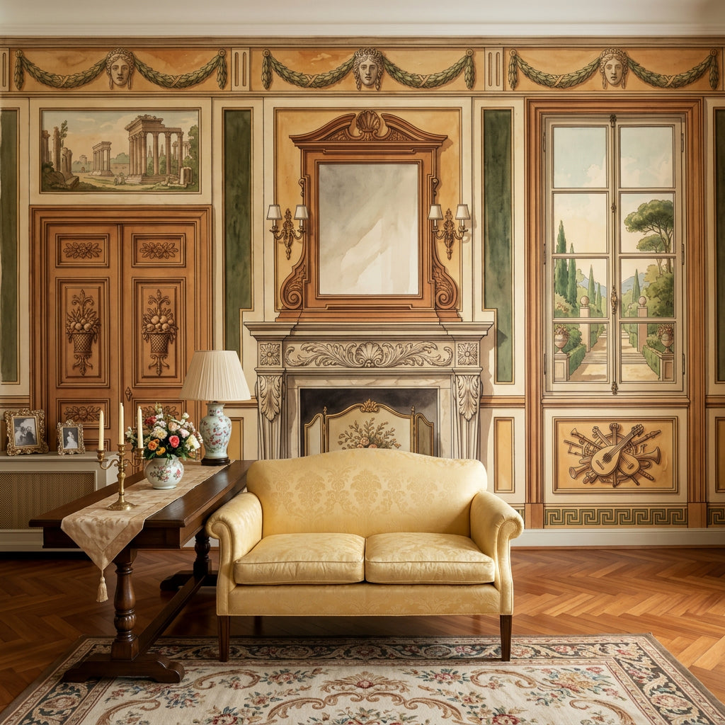 Classical Interior Mural Wallpaper Traditional Fireplace French Window Garden View Wall Mural