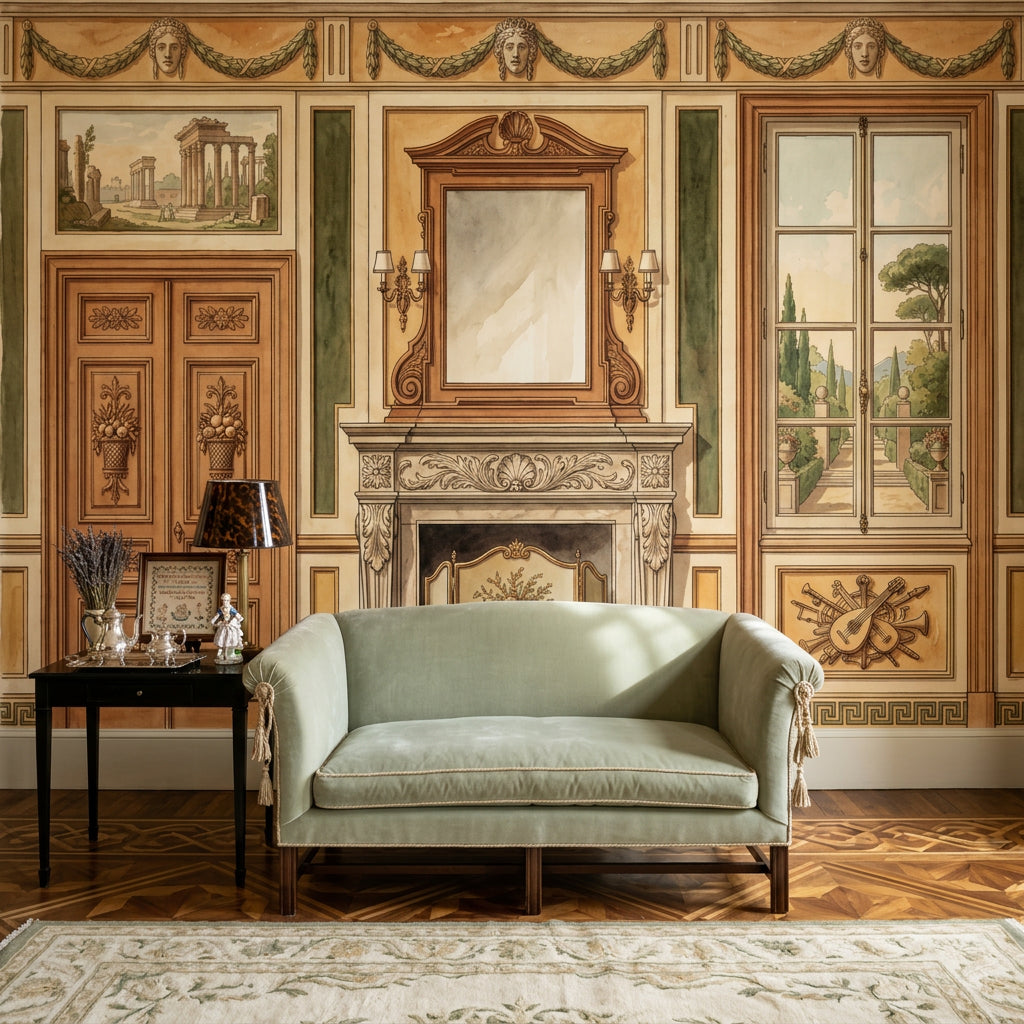 Classical Interior Mural Wallpaper Traditional Fireplace French Window Garden View Wall Mural
