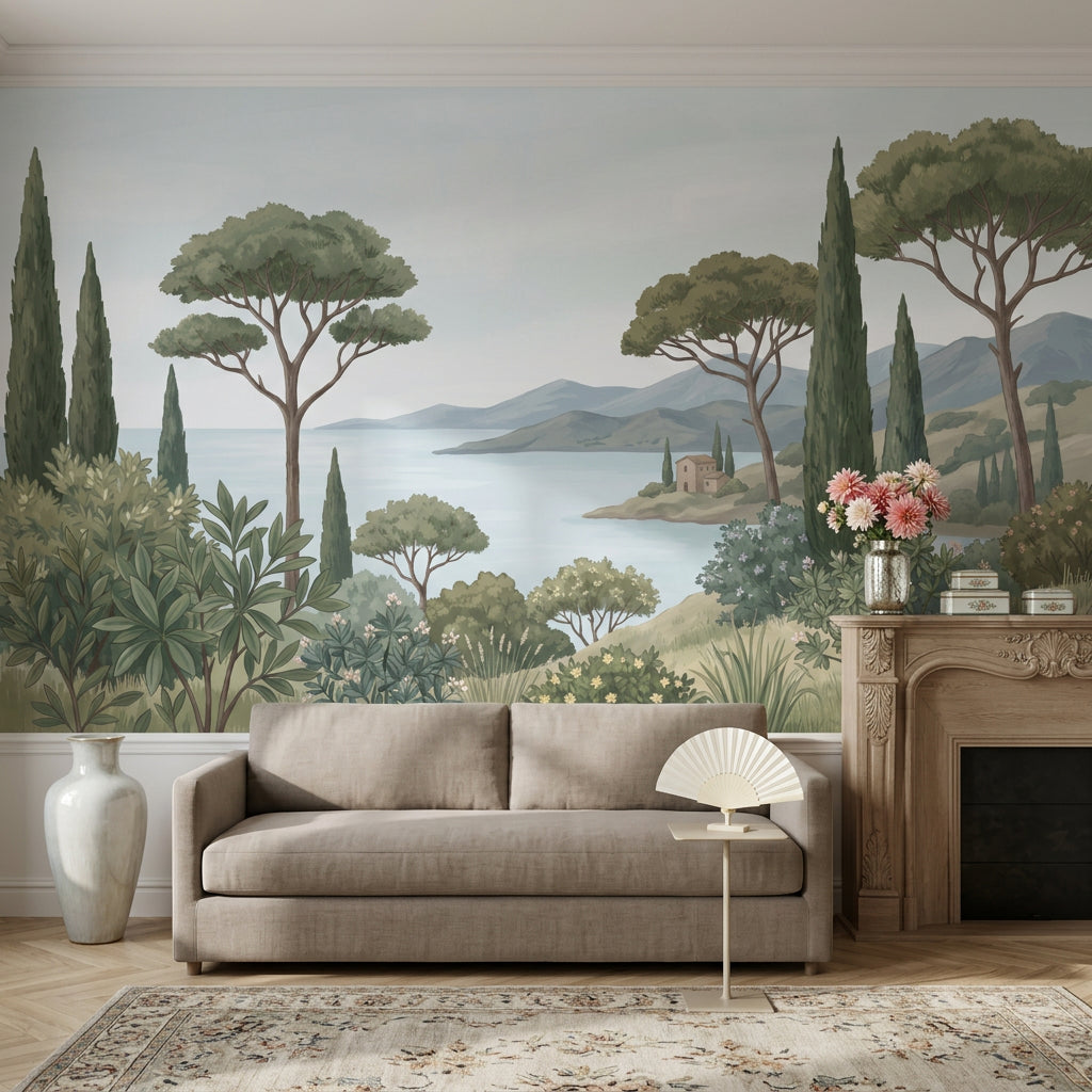 Mediterranean Landscape Wallpaper Coastal Bay Cypress Trees Wall Mural