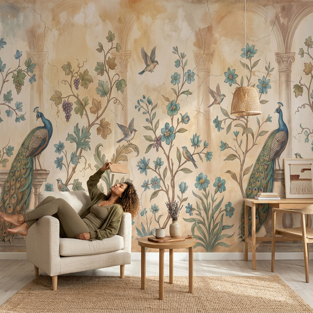 Peacock Wallpaper Botanical Vines Removable Classical Arches Wall Decor
