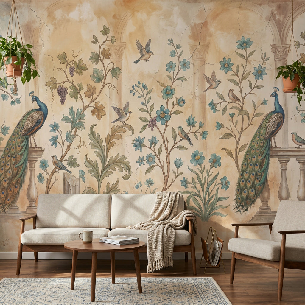 Peacock Wallpaper Botanical Vines Removable Classical Arches Wall Decor