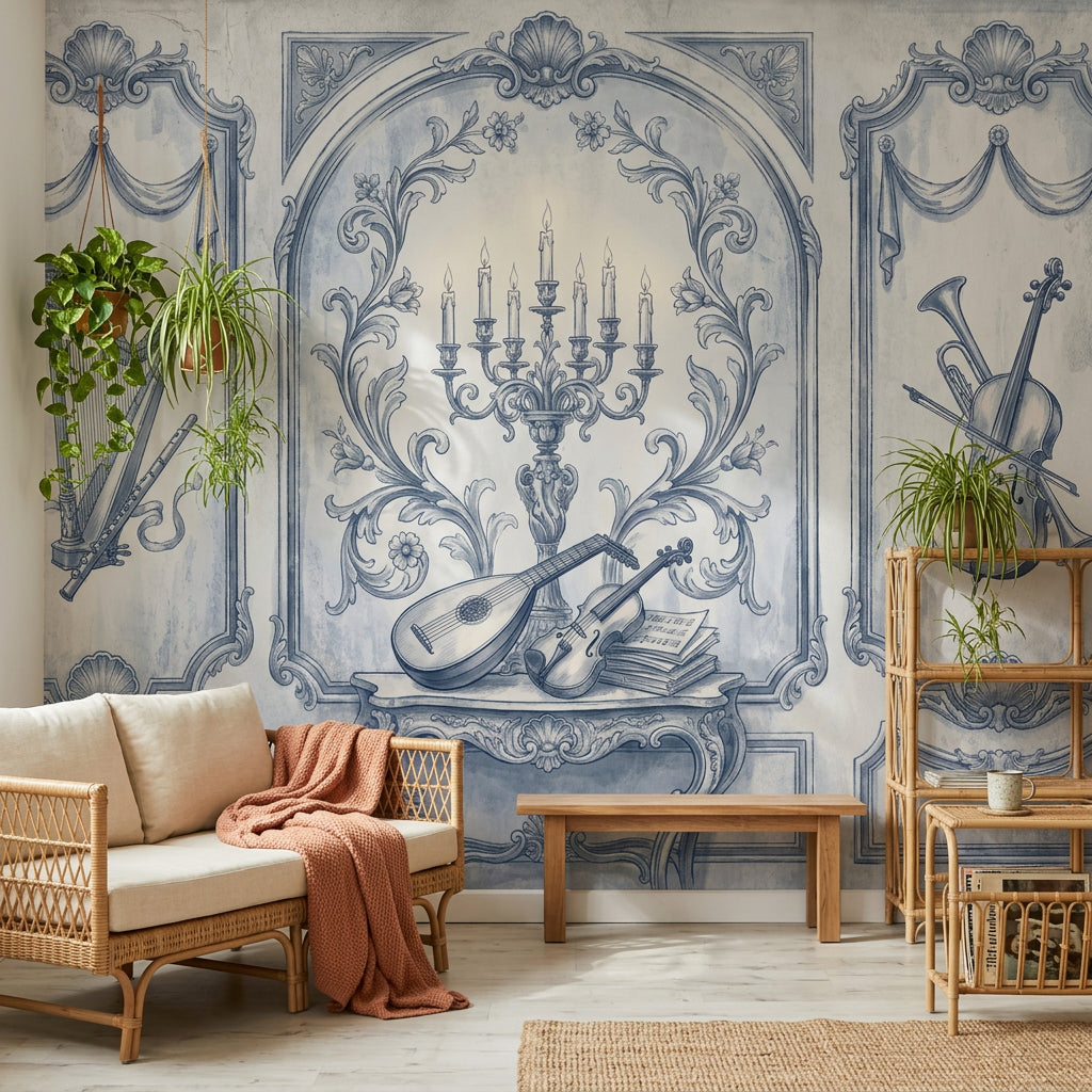 Blue Toile Wallpaper Vintage Mural Classical Music Instruments Wall Mural