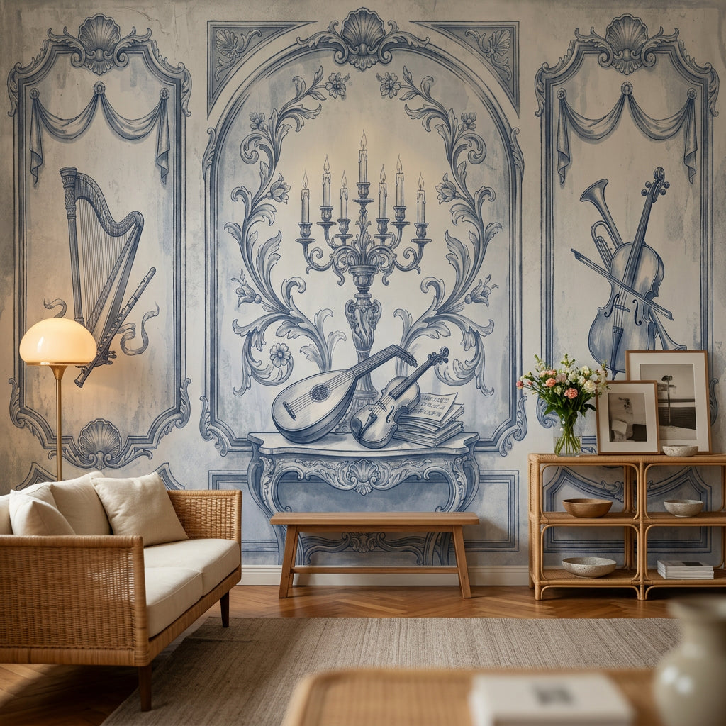 Blue Toile Wallpaper Vintage Mural Classical Music Instruments Wall Mural