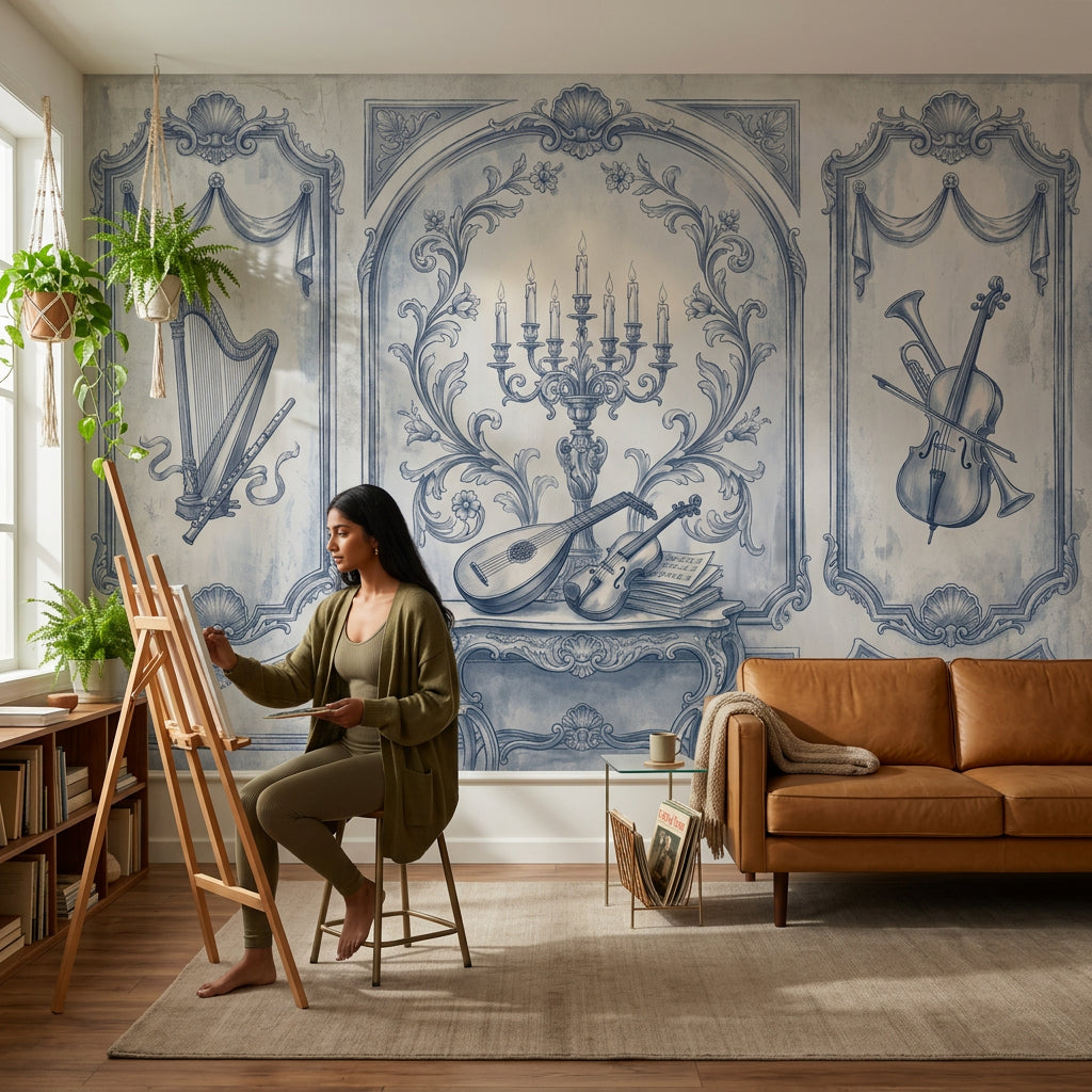 Blue Toile Wallpaper Vintage Mural Classical Music Instruments Wall Mural