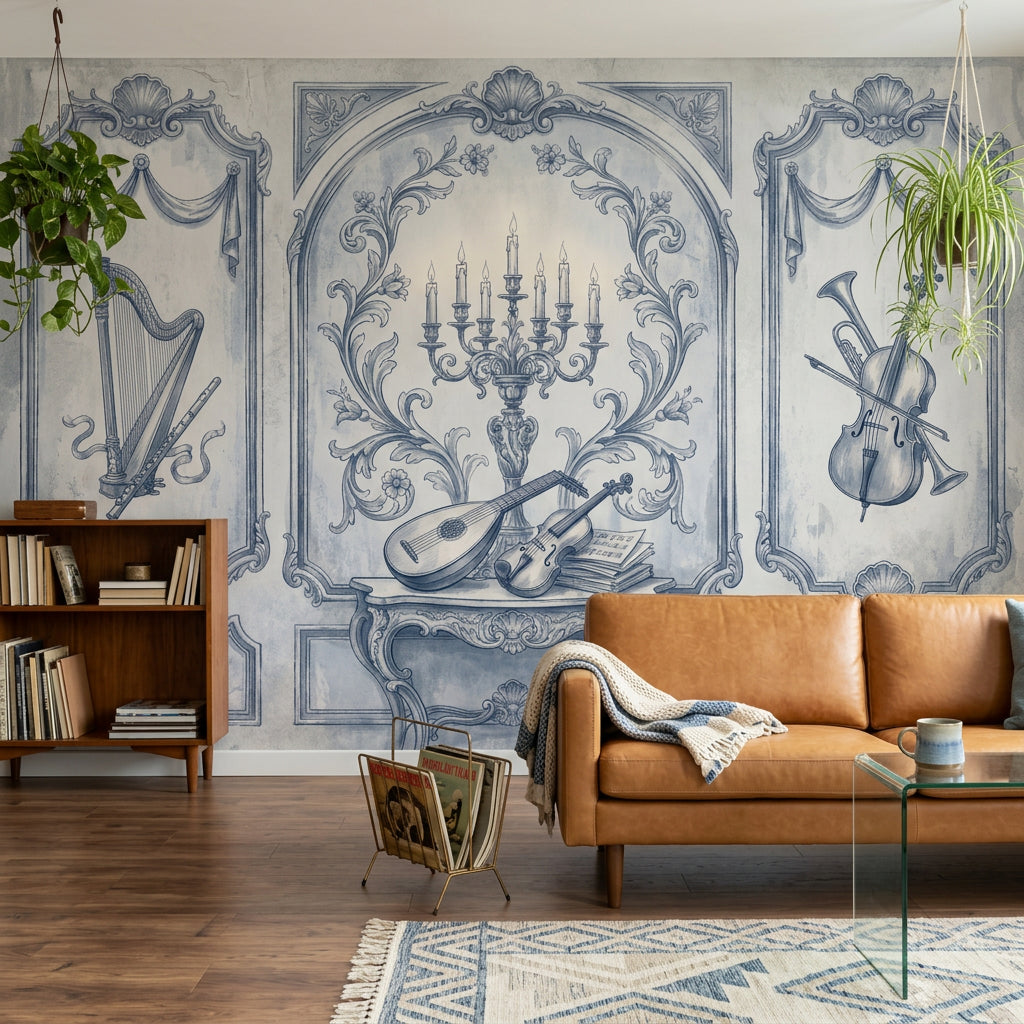 Blue Toile Wallpaper Vintage Mural Classical Music Instruments Wall Mural