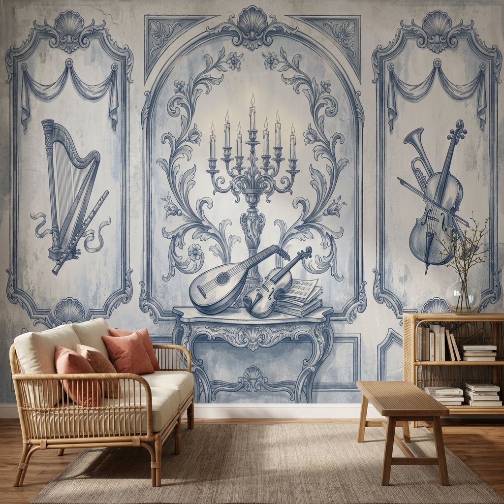Blue Toile Wallpaper Vintage Mural Classical Music Instruments Wall Mural