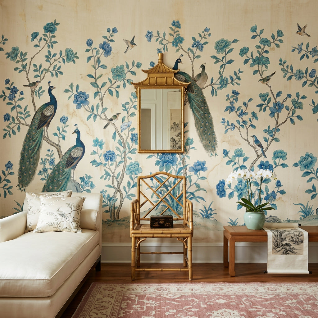 Chinoiserie Wallpaper Peacocks Traditional Asian Inspired Removable Wall Decor
