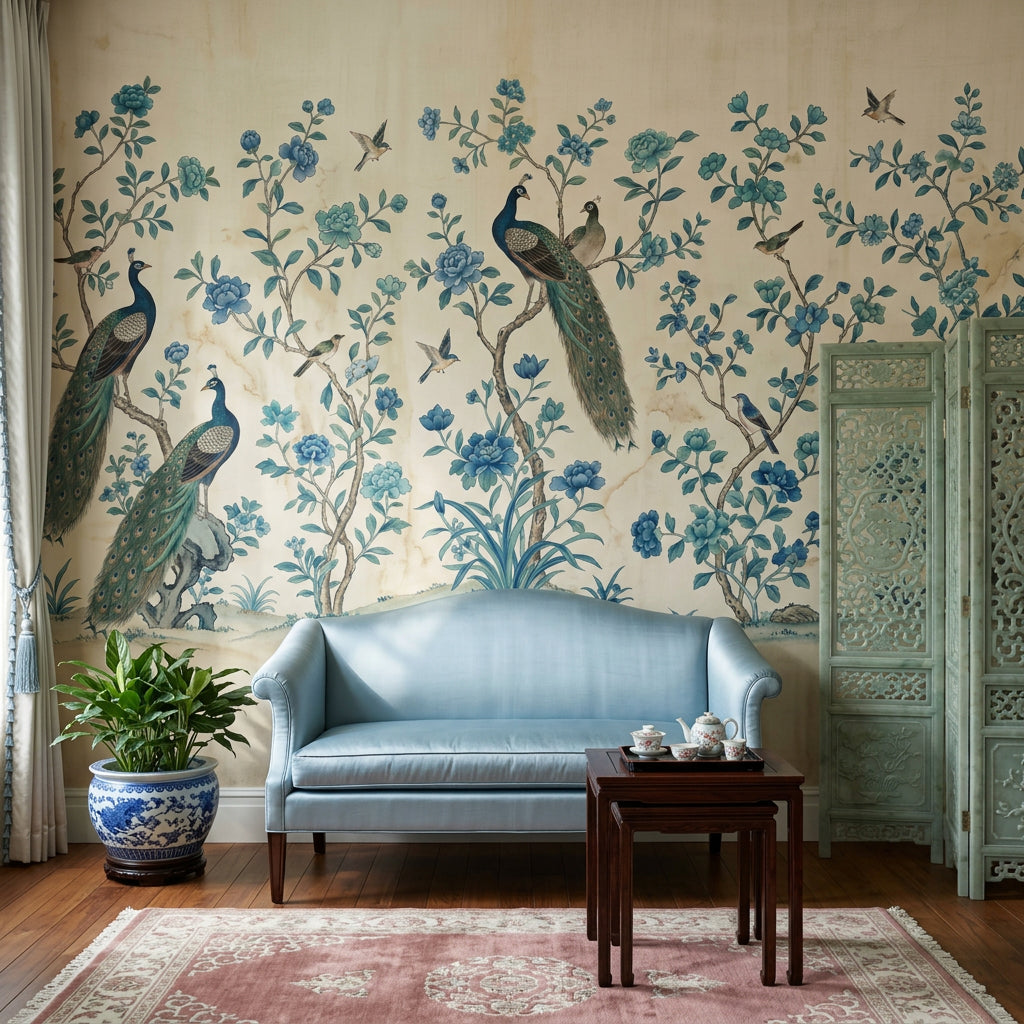 Chinoiserie Wallpaper Peacocks Traditional Asian Inspired Removable Wall Decor