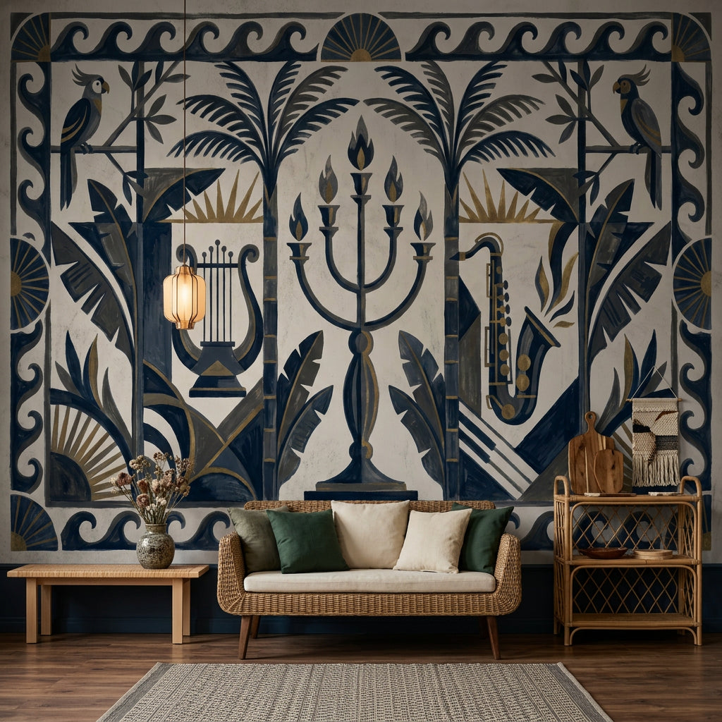 Art Deco Wallpaper Tropical Foliage Parrots Removable Wall Decor