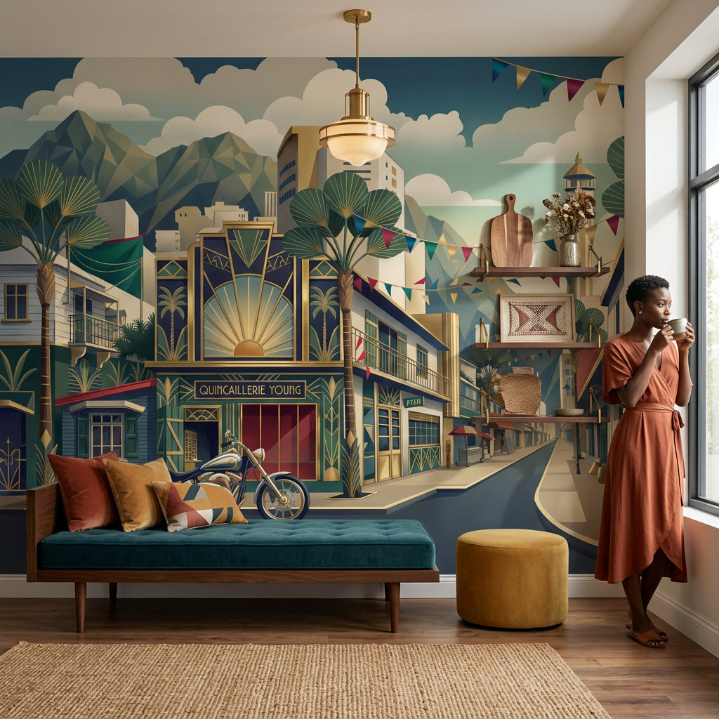Art Deco Wallpaper City Street Removable Mountains Wall Decor
