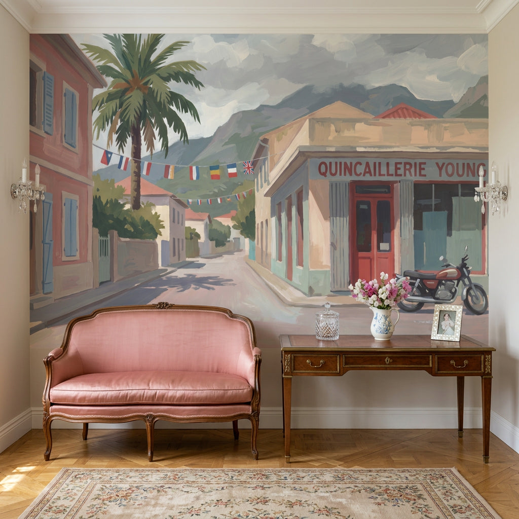 Painted Street Scene Wallpaper Coastal Town Removable French Storefront Wall Decor