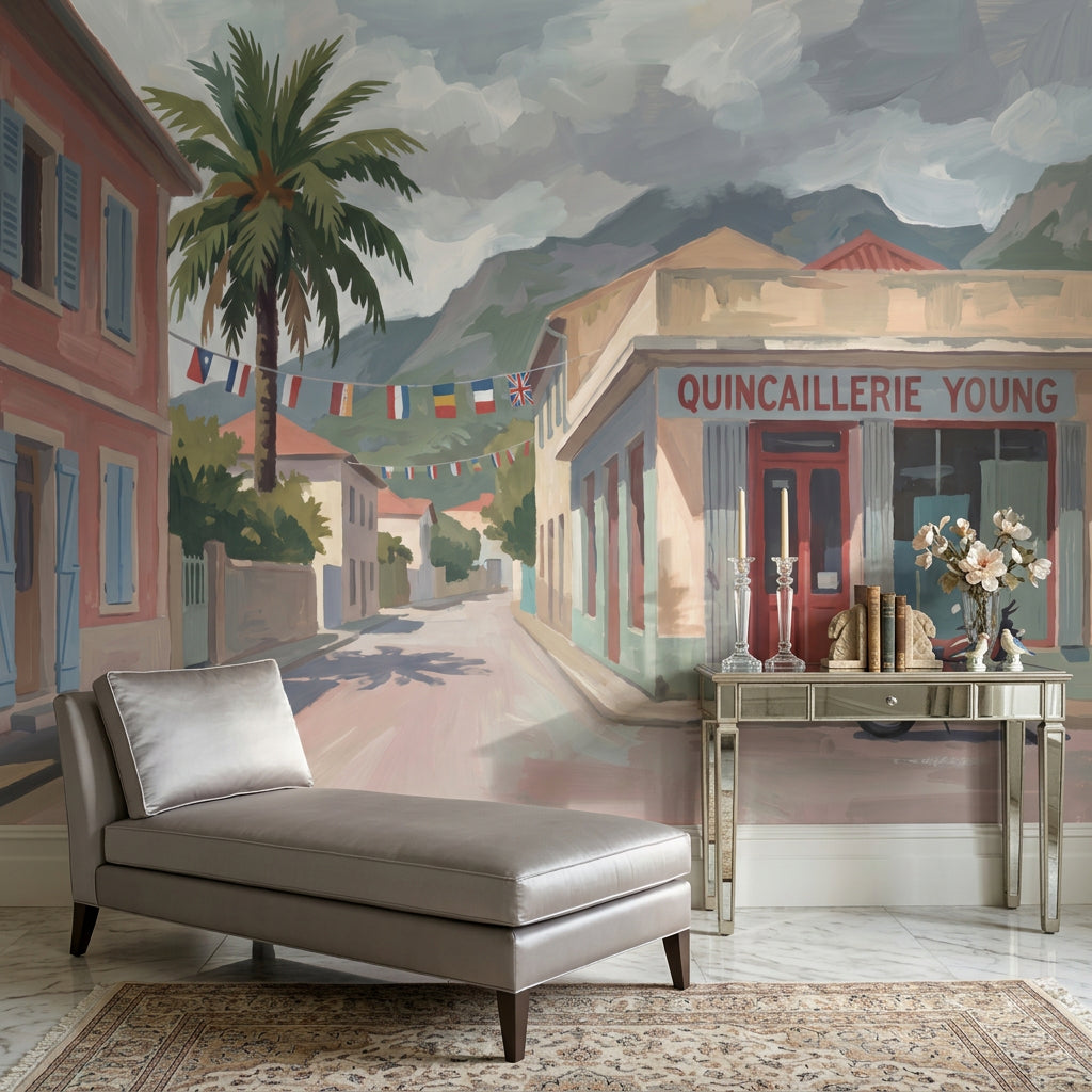 Painted Street Scene Wallpaper Coastal Town Removable French Storefront Wall Decor