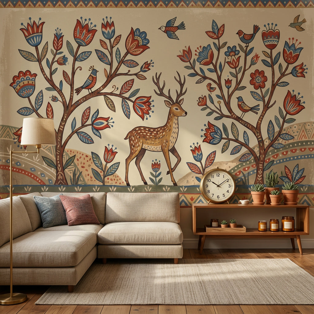Folk Art Wallpaper Floral Trees Deer Wall Mural