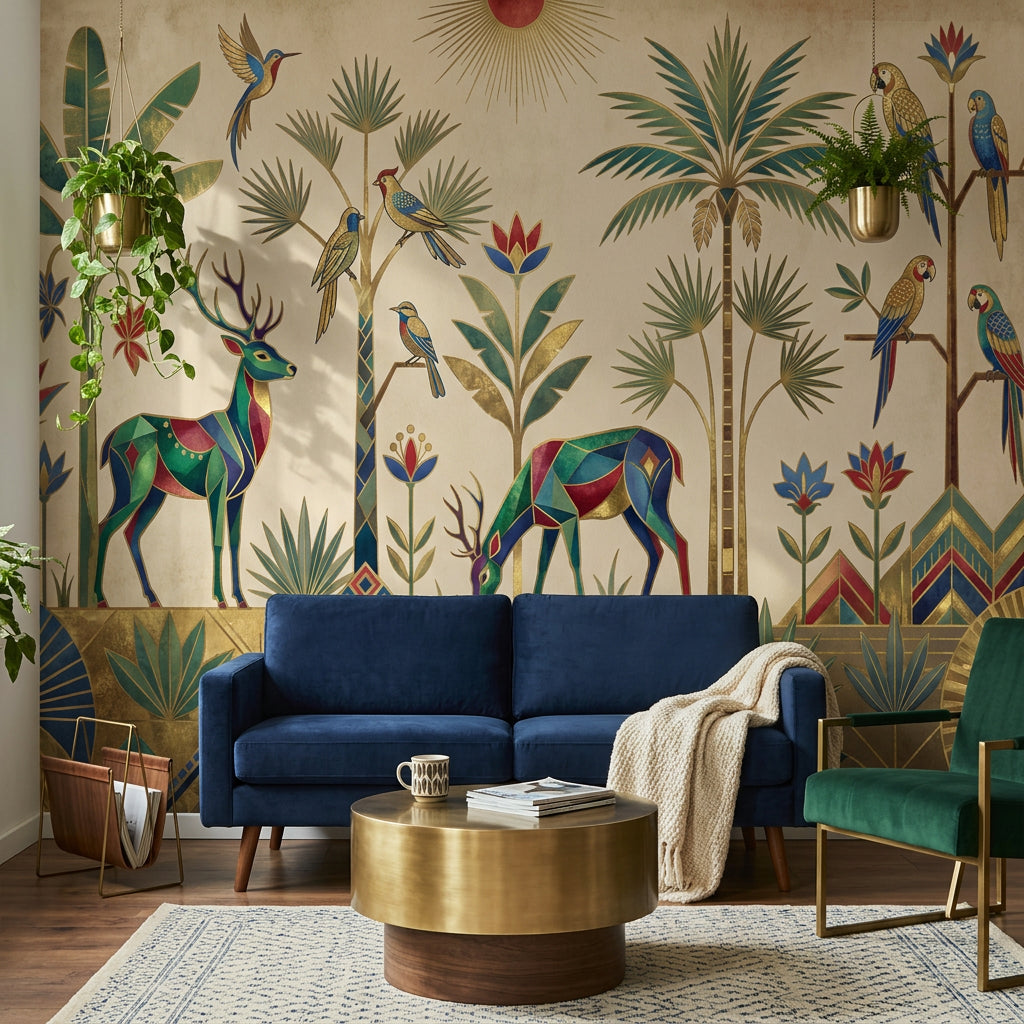 Art Deco Wallpaper Geometric Animals Removable Tropical Palms Wall Decor
