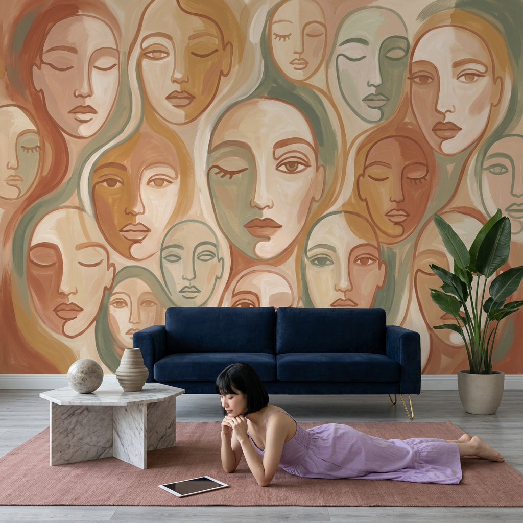 Abstract Faces Wallpaper Modern Portrait Pattern Boho Mural Removable Wall Decor