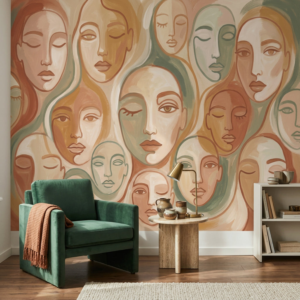 Abstract Faces Wallpaper Modern Portrait Pattern Boho Mural Removable Wall Decor
