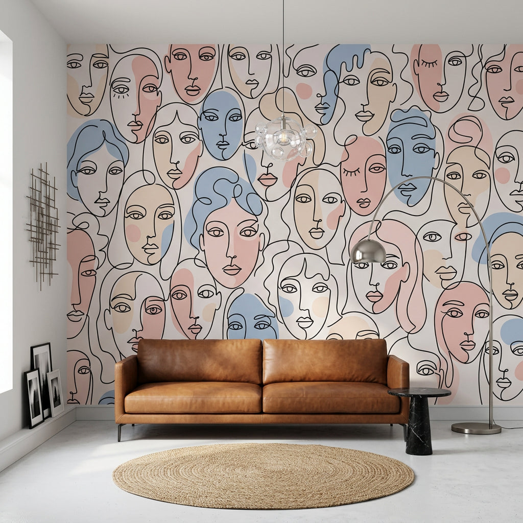 Abstract Faces Wallpaper Line Art Continuous Line Drawing Wall Mural