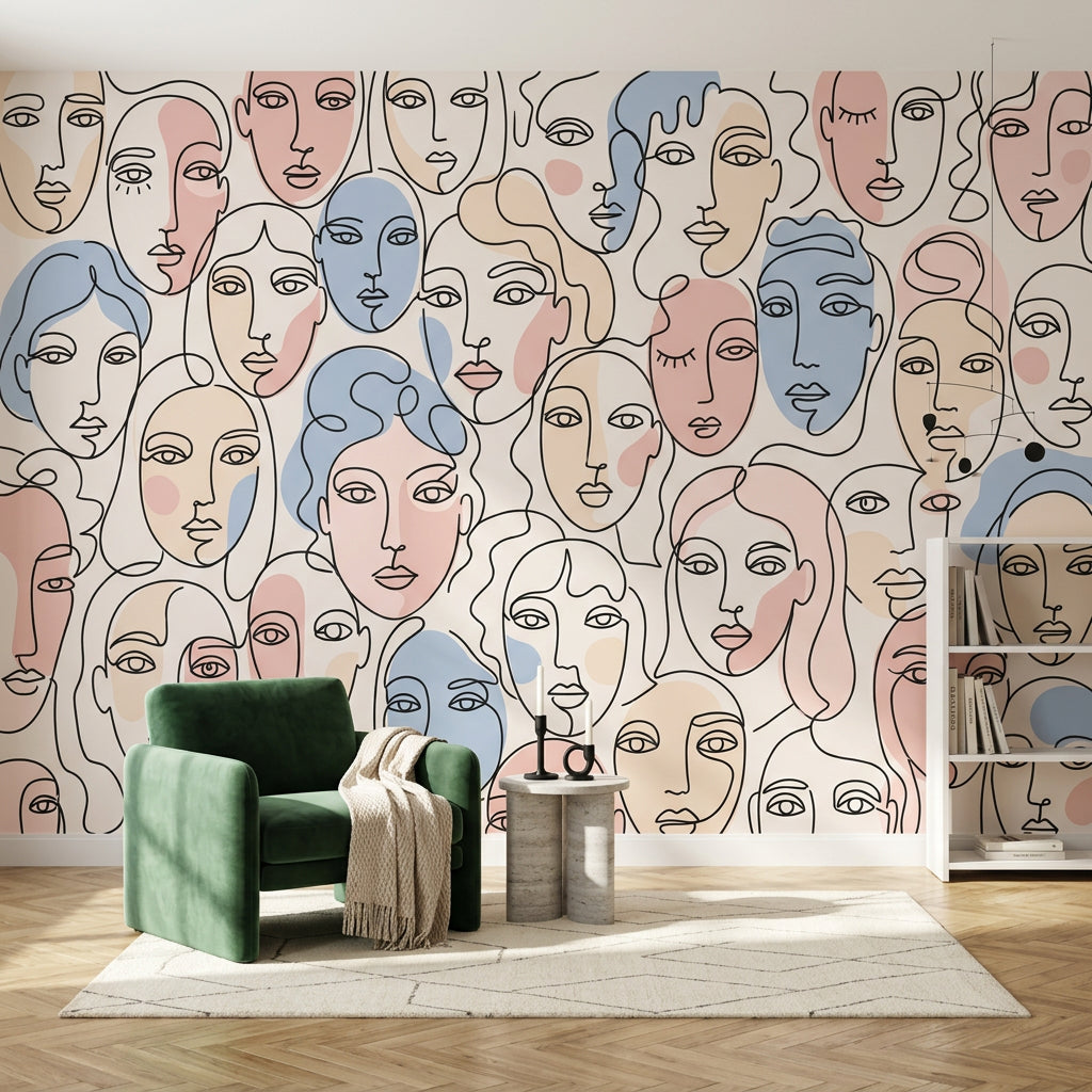 Abstract Faces Wallpaper Line Art Continuous Line Drawing Wall Mural