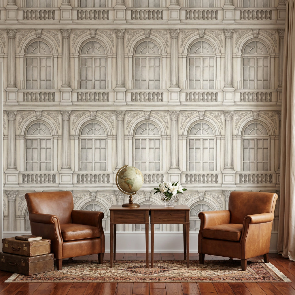Neoclassical Facade Wallpaper Arched Windows European Palace Wall Mural