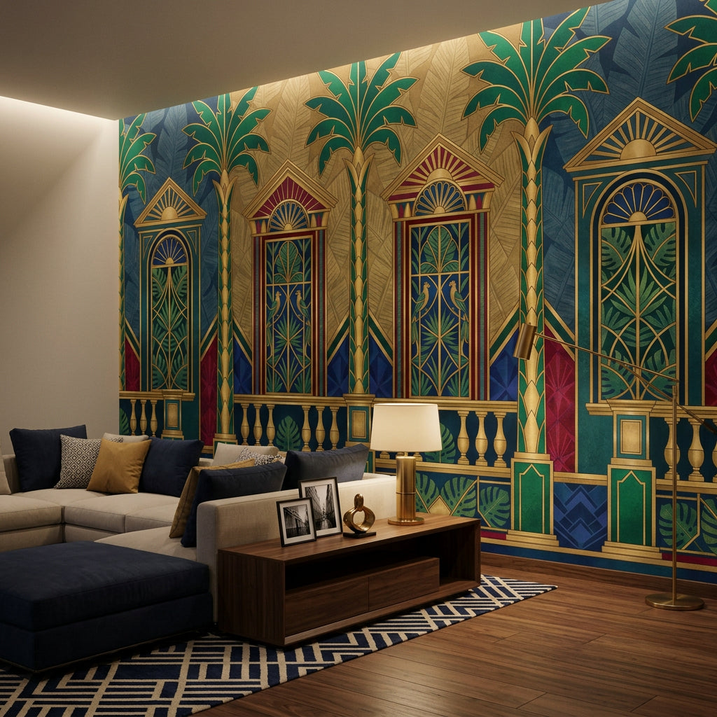 Art Deco Wallpaper Tropical Palms Gold Accents Removable Wall Decor